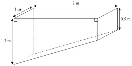 Pond in the shape of a prism 2 m long and 1 m wide; depth 1.3 m at one end and 0.5 m at the other end