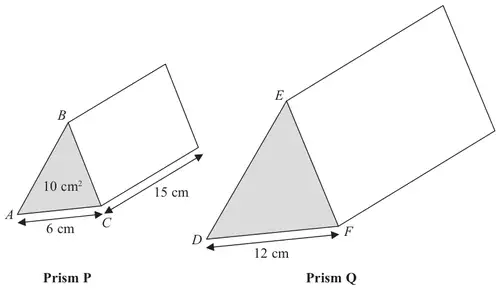 Prism P with cross section ABC (AC = 6 cm, area 10 cm squared) and length 15 cm; prism Q with cross section DEF (DF = 12 cm)