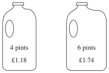 Two milk bottles labelled 4 pints £1.18 and 6 pints £1.74