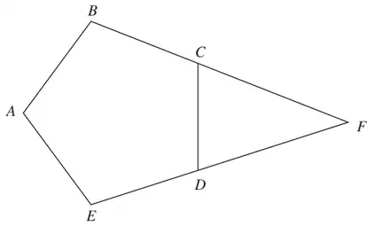 Regular pentagon ABCDE with sides BC and ED extended to meet at F