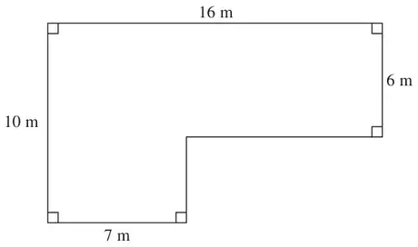 Plan of an L-shaped field with right angles: top side 16 m, right side 6 m, left side 10 m, bottom side 7 m