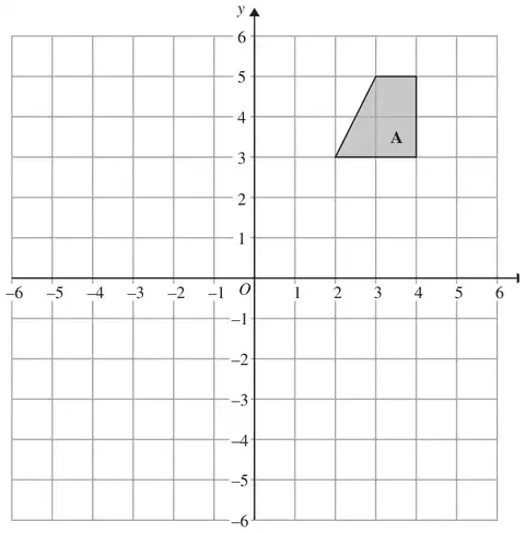 Grid with x and y from -6 to 6 showing shape A, a trapezium with vertices (2, 3), (3, 5), (4, 5) and (4, 3)
