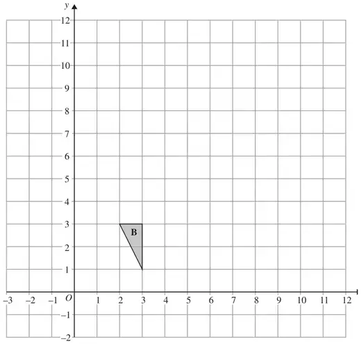 Grid with x from -3 to 12 and y from -2 to 12 showing triangle B with vertices (2, 3), (3, 3) and (3, 1)