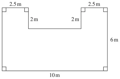 Floor plan: a 10 m by 6 m rectangle with a 5 m by 2 m rectangle cut out of the middle of the top edge, leaving two 2.5 m wide sections