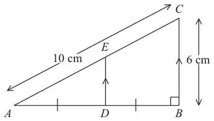 Right-angled triangle ABC with AC = 10 cm, BC = 6 cm and angle ABC = 90 degrees; D on AB and E on AC with DE parallel to BC