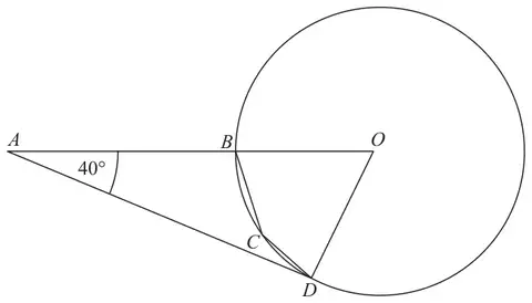 Circle centre O with points B, C and D on the circumference; ABO is a straight line, AD is a tangent at D and angle DAO = 40 degrees