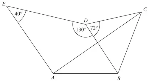 Pentagon ABCDE with lines AC and BD drawn; angle AED = 40 degrees, angle EDB = 130 degrees and angle BDC = 72 degrees