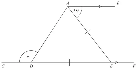 Straight line CDEF with A above it; AB is parallel to CF, angle BAE = 38 degrees, DE = AE, angle x is the exterior angle at D