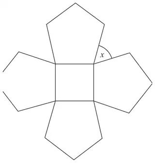 A square with a regular pentagon on each side; angle x is between two of the pentagons