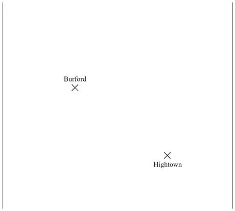 Map showing the positions of Burford and Hightown marked with crosses