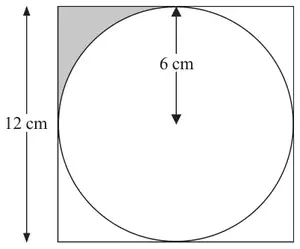 Circle of radius 6 cm inside a square of side 12 cm; the region in one corner between the circle and the square is shaded