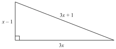 Right-angled triangle with height x - 1, base 3x and hypotenuse 3x + 1
