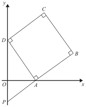 Square ABCD with A on the positive x-axis and D on the positive y-axis; the line BA extended meets the negative y-axis at P