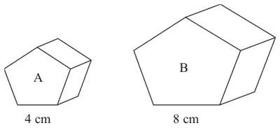 Two similar solids: A with a length of 4 cm and B with the corresponding length 8 cm