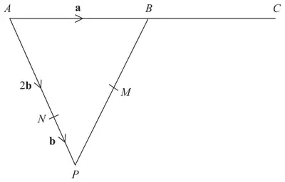 Triangle APB with N on AP; AB = a, AN = 2b, NP = b; ABC is a straight line and M is on PB