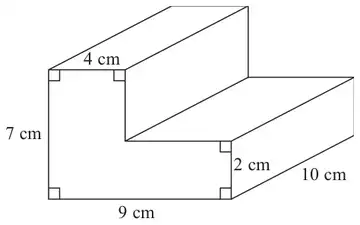 L-shaped prism of length 10 cm; cross-section 9 cm wide and 7 cm high, with a 4 cm wide upright part and a 2 cm high base