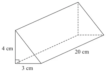 Triangular prism with a right-angled triangle cross-section of height 4 cm and base 3 cm, and length 20 cm