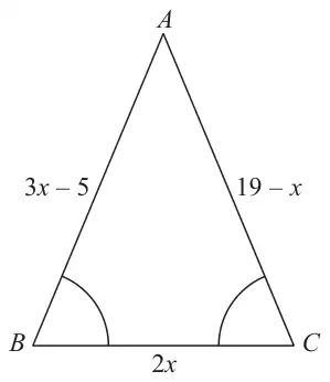 Triangle ABC with AB = 3x - 5, AC = 19 - x and BC = 2x; angles at B and C are marked equal