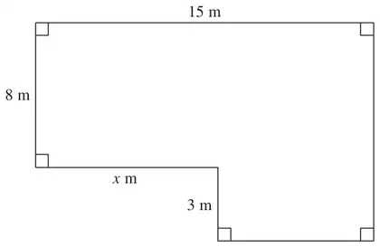 L-shaped floor plan: top 15 m, left side 8 m, inner horizontal edge x m, inner vertical edge 3 m