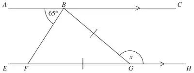 Parallel lines ABC and EFGH with triangle BFG; angle ABF is 65 degrees and angle x is at G between GB and GH