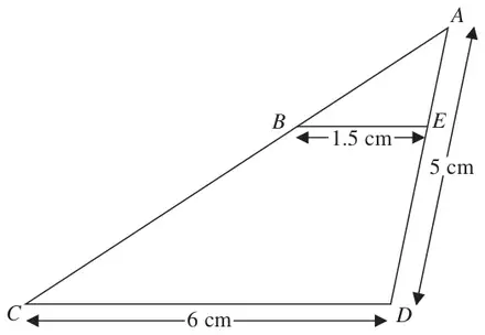 Triangle ACD with B on AC and E on AD; BE = 1.5 cm, CD = 6 cm and AD = 5 cm