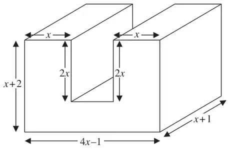 Prism with a U-shaped cross section: overall width 4x - 1, height x + 2, depth x + 1; each upright is x wide and the gap is 2x deep