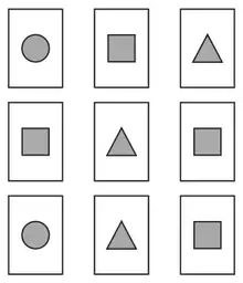 Nine cards: 2 with a circle, 4 with a square and 3 with a triangle