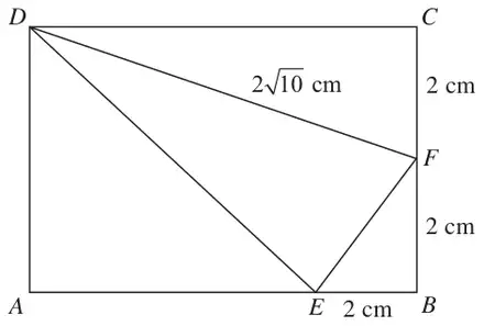 Rectangle ABCD with E on AB and F on BC; DF = 2 root 10 cm, CF = 2 cm, FB = 2 cm and EB = 2 cm