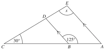 Triangle ACE with D on CE and B on CA; BD is parallel to AE; angle BCD = 30 degrees, angle ABD = 125 degrees and angle x at E