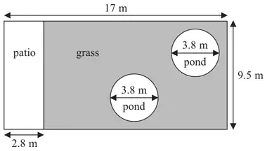 Rectangular garden 17 m by 9.5 m with a 2.8 m wide patio along one end and two circular ponds of diameter 3.8 m in the grass