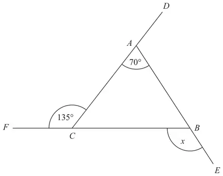 Triangle ABC with DAC, FCB and ABE straight lines; angle CAB is 70 degrees, angle ACF is 135 degrees and angle x is CBE
