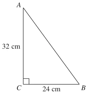 Right-angled triangle ABC with the right angle at C, AC = 32 cm and CB = 24 cm