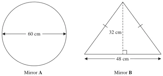 Mirror A: circle with diameter 60 cm; Mirror B: isosceles triangle with base 48 cm and height 32 cm