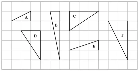 Six triangles A to F drawn on a square grid