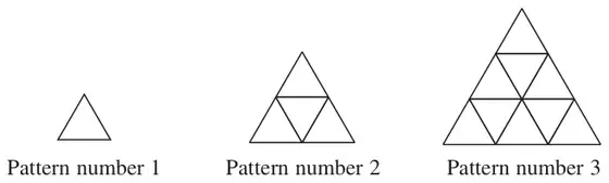 Pattern number 1: 1 triangle; Pattern number 2: 4 triangles; Pattern number 3: 9 triangles