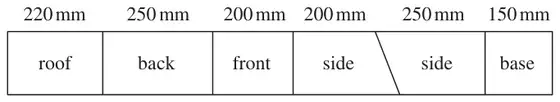Piece of wood marked roof 220 mm, back 250 mm, front 200 mm, side 200 mm, side 250 mm, base 150 mm