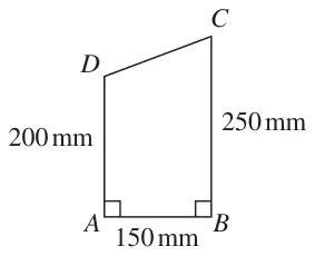Sketch of quadrilateral ABCD with right angles at A and B, AB = 150 mm, AD = 200 mm and BC = 250 mm
