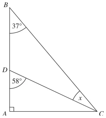 Right-angled triangle ABC with right angle at A; D on AB; angle ABC = 37 degrees, angle ADC = 58 degrees, angle x = angle DCB