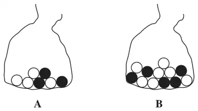 Bag A with 3 black and 4 white balls; bag B with 5 black and 7 white balls