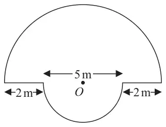 Plan of a lawn made from two semicircles with centre O, diameters 9 m and 5 m, joined by two straight lines of 2 m