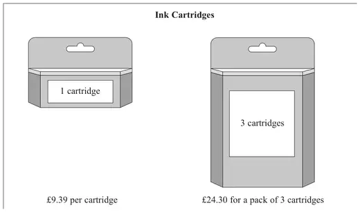 Ink Cartridges: 1 cartridge at £9.39 per cartridge; 3 cartridges at £24.30 for a pack of 3 cartridges
