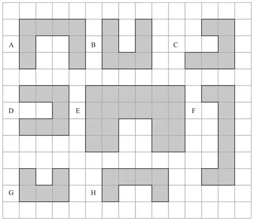 Centimetre grid with shaded shapes A to H