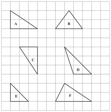 Centimetre grid with triangles A to F