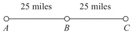 Points A, B and C on a line, AB = 25 miles and BC = 25 miles