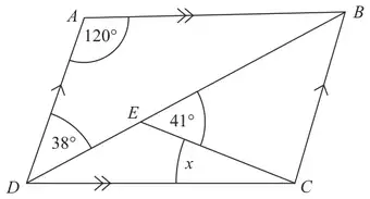 Parallelogram ABCD with E on diagonal BD; angle DAB = 120°, angle ADB = 38°, angle BEC = 41°, angle x at C