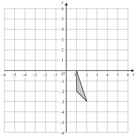 Coordinate grid from -6 to 6 with a shaded triangle with vertices (1, 0), (1, -2) and (2, -3)