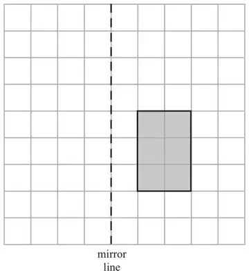 Centimetre grid with a shaded 2 by 3 rectangle to the right of a dashed vertical mirror line