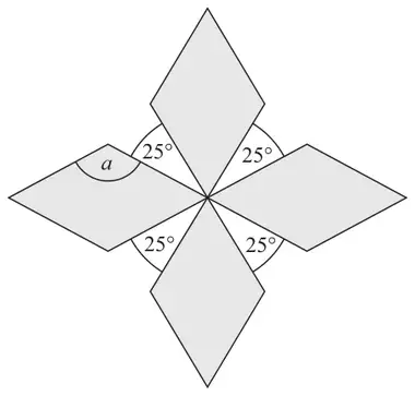 Four identical rhombuses meeting at a point with four 25 degree angles between them; angle a is marked in one rhombus