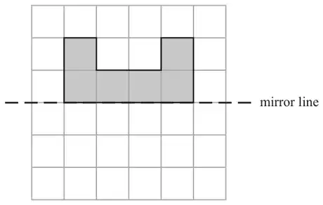 The shaded shape on a grid above a horizontal dashed mirror line