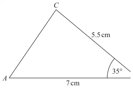 Triangle ABC with AB = 7 cm, BC = 5.5 cm and angle ABC = 35 degrees